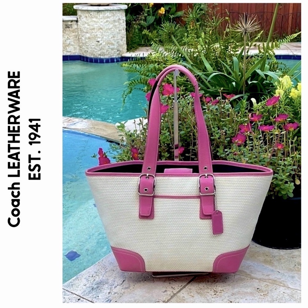 Coach Summer Hamilton Cream Straw Weave Tote Bag w/Pink Lavender Leather Trim